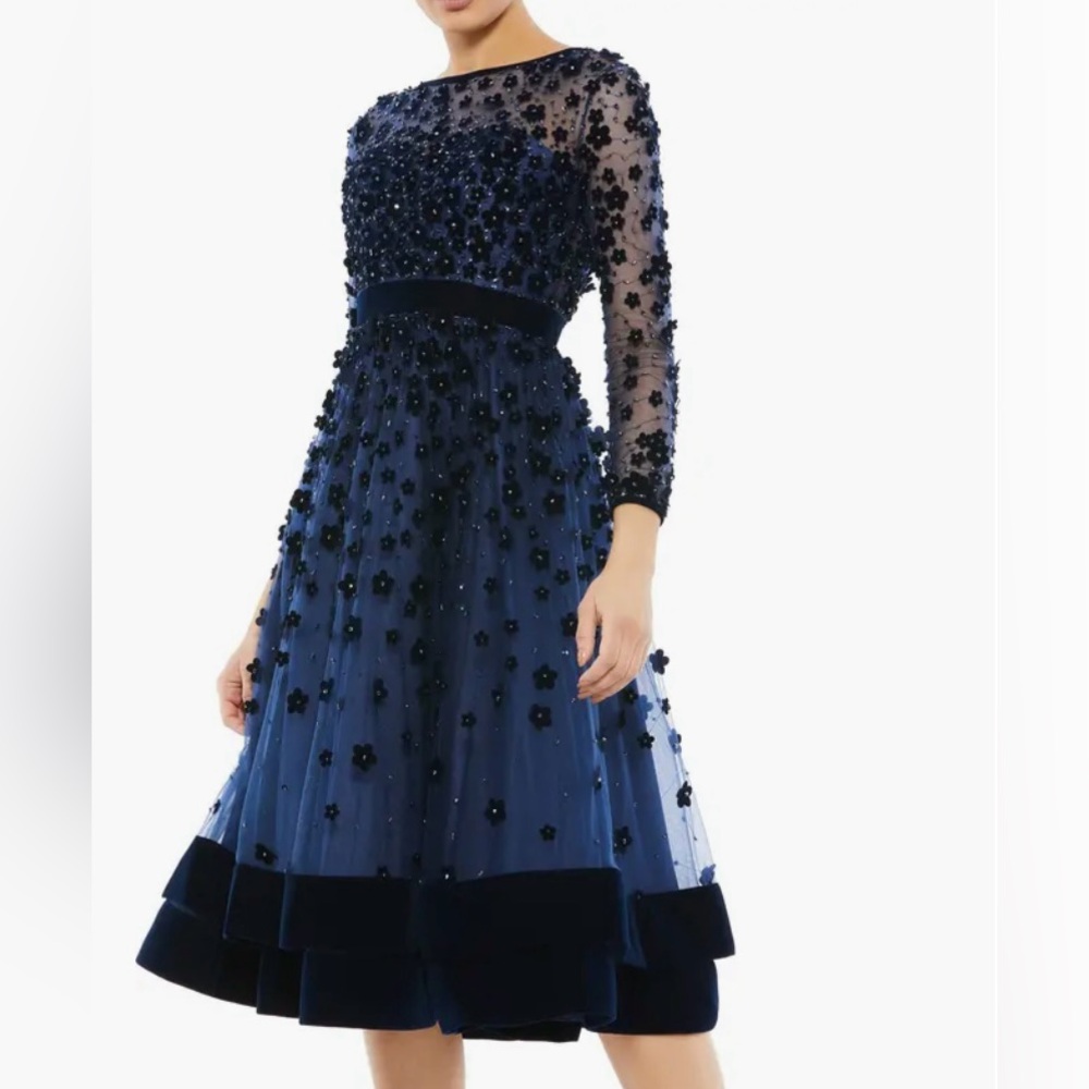 Mac Duggal Embellished Long Sleeve Navy Dress